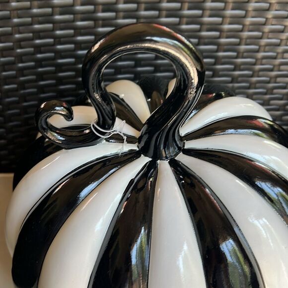 Elegant Glossy Black and White Stripe Pumpkin - Picture 6 of 10